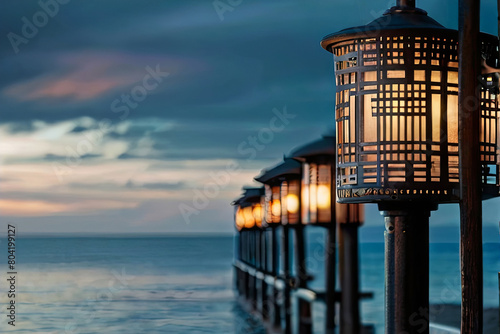 Admire the elegance of a lantern against a serene seascape backdrop. Perfect for tranquil and scenic imagery.