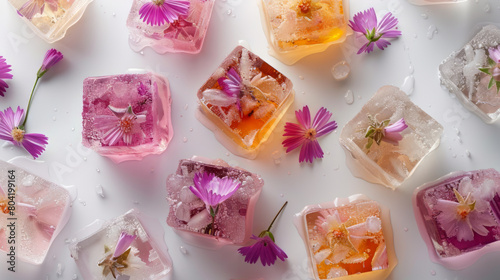Floral Ice Blocks on White Surface © Natalia Klenova