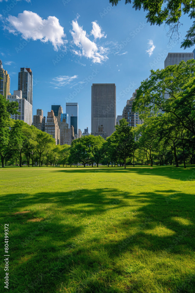 A metropolitan park with a city skyline in the background A metropolitan park with a city skyline in the background