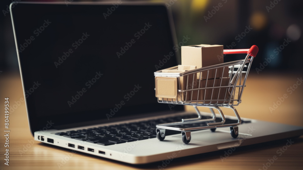 Online Shopping Concept with Mini Cart and Cardboard Boxes on Laptop Online Shopping Concept with Mini Cart and Cardboard Boxes on Laptop