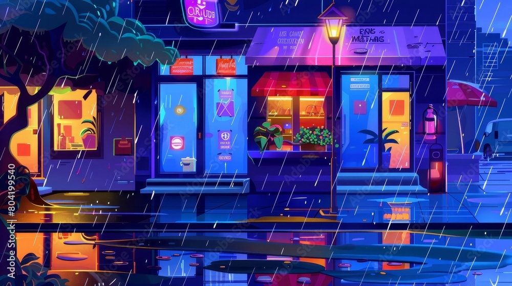 The weather is wet in a nighttime city street with illuminated windows, doors, and signs, and water puddles on wet pavement and roadside.