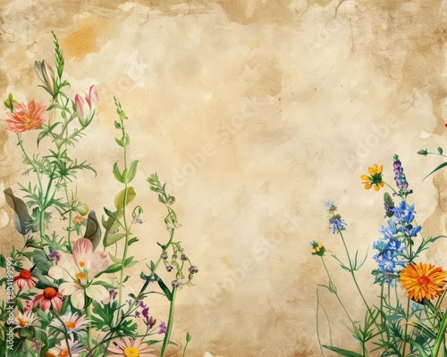 The watercolor border of wildflowers on old paper enhances a business template, blending nature with professionalism, Watercolor Blank frame template Sharpen with large copy space