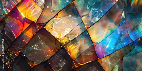 Colorful broken glass, rainbow color reflections, close up photo	
 photo