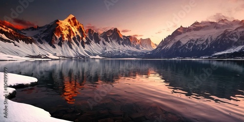 Snow covered mountains beside the lake at sunset photo