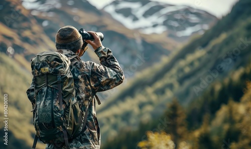 A man in full camouflage stands looking through binoculars while bowhunting in the backcountry photo