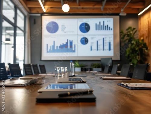 A boardroom meeting with executives discussing strategies. A projector displays analytics dashboards