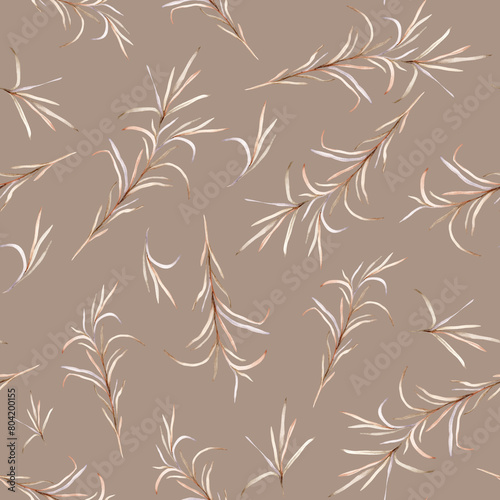 Watercolor seamless pattern with botanical autumn illustration branches. Autumn floral illustration. Hand painted drawing isolated on white background. Elegant floral herds pastel color. Cute plants