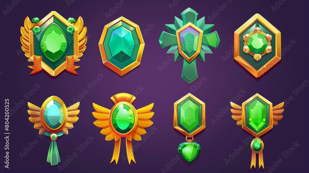 A cartoon set of emerald-colored game rank badges isolated on a white background. Modern illustration of a shiny pentagonal medal decorated with wings and silk ribbons. GUI design element. A cartoon set of emerald-colored game rank badges isolated on a white background. Modern illustration of a shiny pentagonal medal decorated with wings and silk ribbons. GUI design element.
