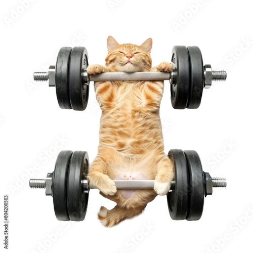 cat doing and exercising sport with Dumbbell bar, top view full body isolate on transparency background © Sim