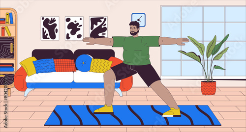 African american corpulent man practicing yoga cartoon flat illustration. Plump black male exercising at home 2D line character colorful background. Active lifestyle scene vector storytelling image