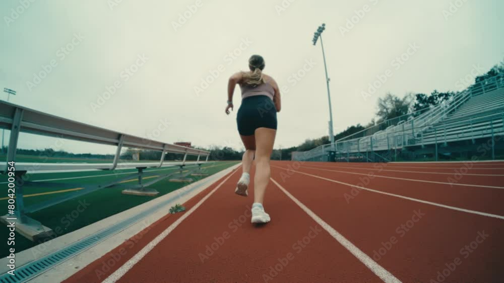Female track athlete running on red track at outdoor football field in extreme slow motion, 4k 800fps runner fisheye follow from behind Female track athlete running on red track at outdoor football field in extreme slow motion, 4k 800fps runner fisheye follow from behind