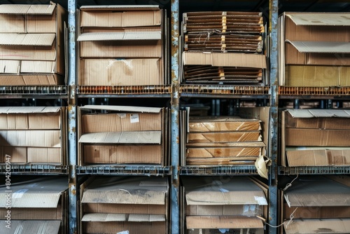 Closeup of cardboard boxes neatly organized on metal shelving units in a warehouse  emphasizing textures and order