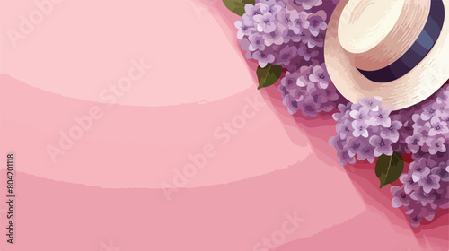 Beautiful hydrangea flowers and hat on pink backgro
