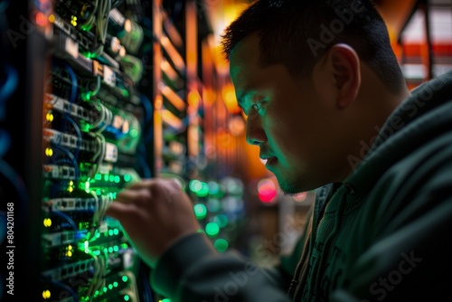 A technician is focused on performing maintenance on a server in a data center filled with rows of servers