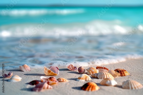 Closeup of cluster of vibrant seashells scattered on sandy beach