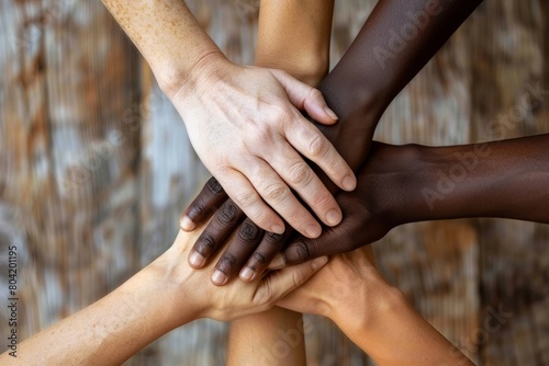 Hands of varied skin colors interlocked in a display of unity and camaraderie