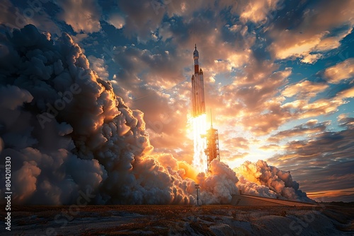 A dynamic wide-angle view of a spaceship launch, capturing the rocket ascending into the sky against billowing clouds