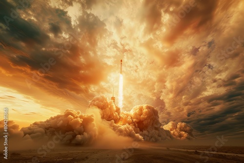 A dynamic wide-angle shot capturing a spaceship launch as the rocket ascends into the sky amidst billowing clouds