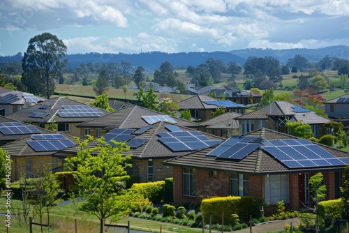A view of a suburban neighborhood with rows of houses, many of which have solar panels installed on their rooftops