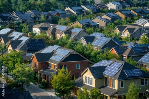 A high-angle view of rows of houses in a suburban neighborhood  many featuring solar panels on their rooftops