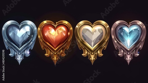 Isolated achievement icon amulet or button asset set. Magic medieval jewelry trophy for user progress rating. Heart gem rank medal game badge in gold, silver, bronze and platinum designs.
