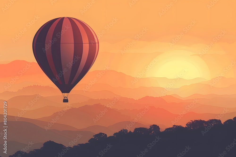 Aerostat, hot air balloon floating gracefully in the early morning sky as the sun rises in the background, warm glow on the mountain landscape below Aerostat, hot air balloon floating gracefully in the early morning sky as the sun rises in the background, warm glow on the mountain landscape below