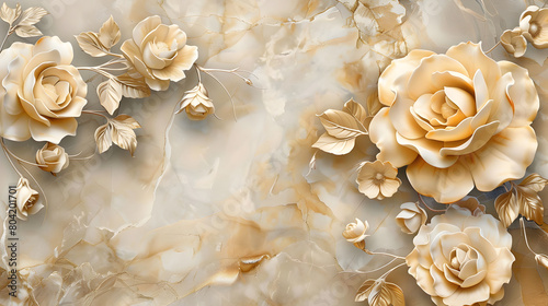 3d luxury floral white flower leaves and golden wall wallpaper.interior wall home decorative background.generative ai photo