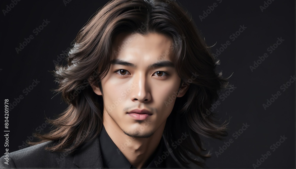 handsome korean male fashion model with flowing long hair close-up portrait posing on plain black background from Generative AI