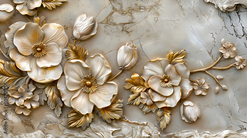 Fototapeta Naklejka Na Ścianę i Meble -  3d luxury floral white flower leaves and golden wall wallpaper.interior wall home decorative background.generative ai