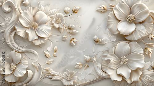 3d luxury floral white flower leaves and golden wall wallpaper.interior wall home decorative background.generative ai