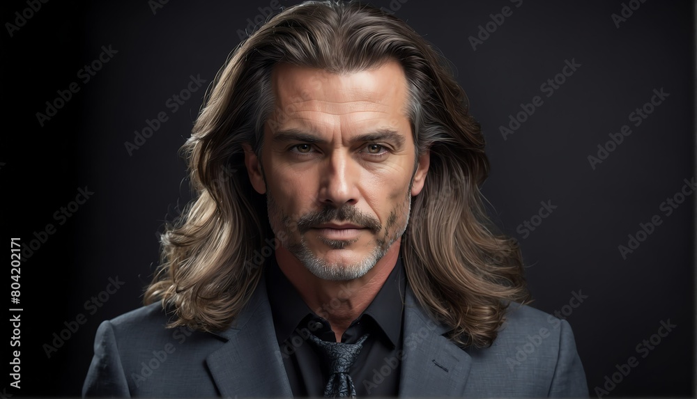 handsome middleaged male fashion model with flowing long hair close-up portrait posing on plain black background from Generative AI handsome middleaged male fashion model with flowing long hair close-up portrait posing on plain black background from Generative AI