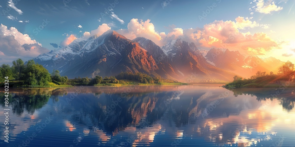 Sunset and a cloud covered mountain panorama are reflected in the still lake