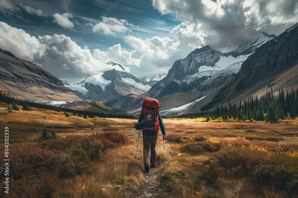 A man with a red backpack hiking through a field towards majestic mountains, showcasing the vast landscape