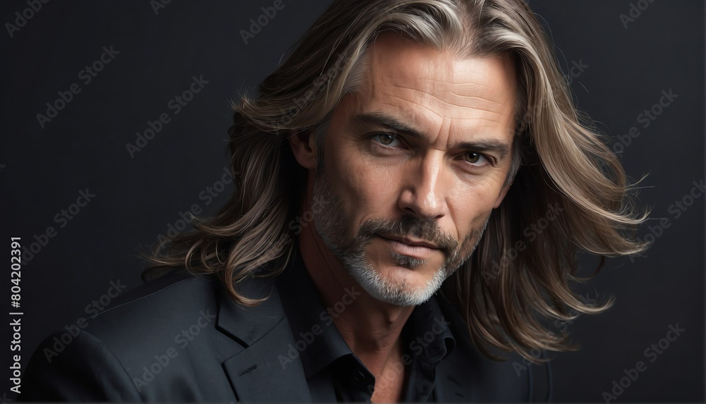 handsome middleaged male fashion model with flowing long hair close-up portrait posing on plain black background from Generative AI