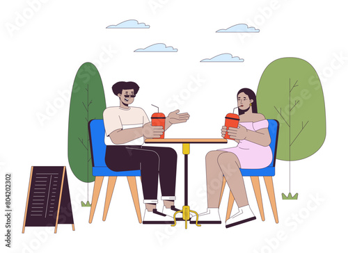 Diverse couple of plus sized people in cafe line cartoon flat illustration. Friends with overweight outing 2D lineart characters isolated on white background. Lifestyle scene vector color image