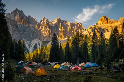 Group of colorful tents pitched in mountain camp surrounded by pine trees and rocky terrain