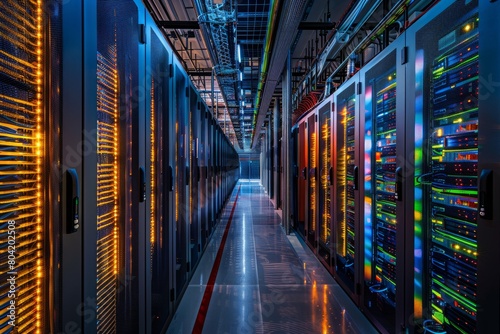 Rows of sleek and modern server racks stretch into the Kgmh in a data center