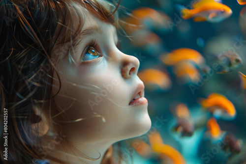 A young girl looking at fish in a big aquarium