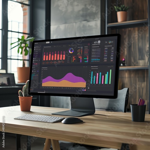 A digital workspace with a monitor displaying diverse analytics dashboards. Visualizations include bar graphs pie charts