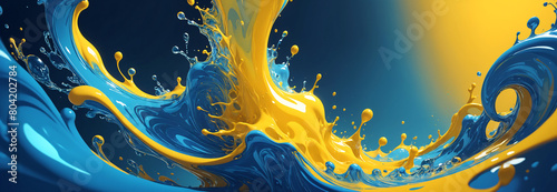 Abstract artwork in blue and yellow: a dynamic composition of swirling paint wirh stormy waves.   photo