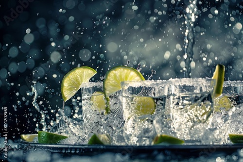 Closeup of lime wedges on tray with water splashing  creating a refreshing and vibrant scene