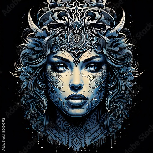 t-shirt Design to Print. woman face tattoo style.
