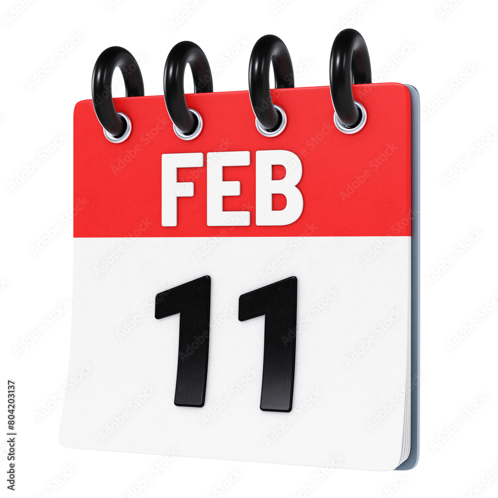 February 11 date displayed on stylized three-dimensional flip calendar icon isolated on transparent background. 3D rendering February 11 date displayed on stylized three-dimensional flip calendar icon isolated on transparent background. 3D rendering