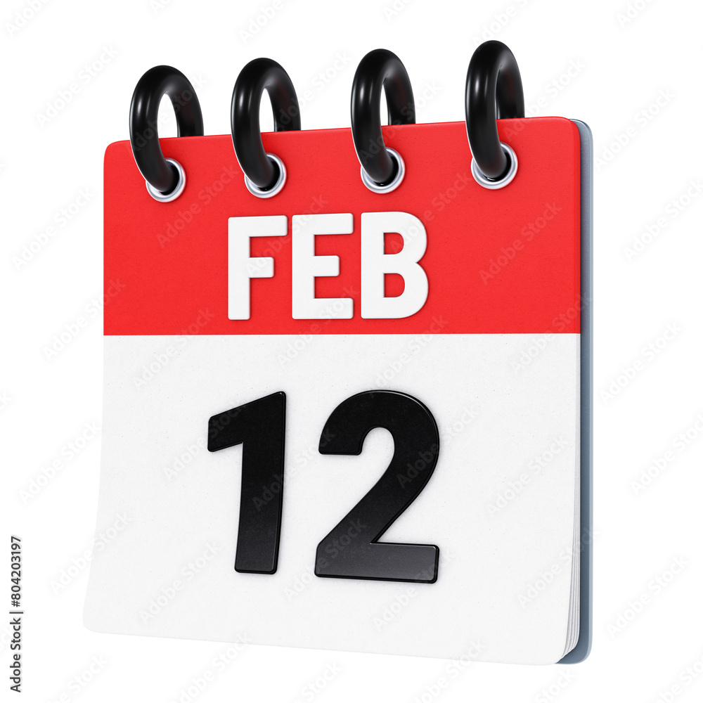 February 12 date displayed on stylized three-dimensional flip calendar icon isolated on transparent background. 3D rendering February 12 date displayed on stylized three-dimensional flip calendar icon isolated on transparent background. 3D rendering