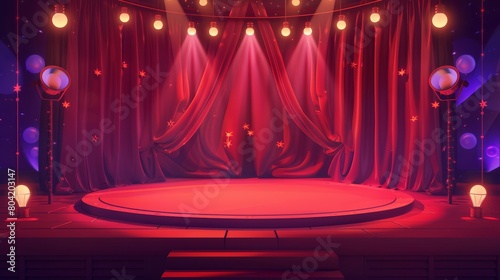 Carnival show circle podium with frame with light bulbs and draperies. Vintage interior inside circus tent. Modern cartoon illustration of circus stage and red curtains.