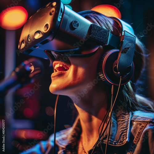 Voice actor using virtual reality equipment to perform in a fully immersive digital audio production environment , close up photo