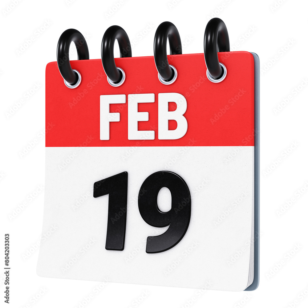 February 19 date displayed on stylized three-dimensional flip calendar icon isolated on transparent background. 3D rendering February 19 date displayed on stylized three-dimensional flip calendar icon isolated on transparent background. 3D rendering