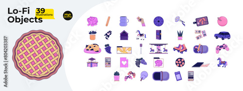 90s chillout 2D linear cartoon objects bundle. Picnic food, flowerpots isolated line vector items white background. Video game game sports equipment color flat spot illustration collection
