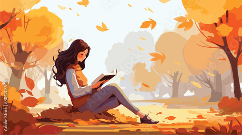 Beautiful woman reading book near tree in autumn pa photo