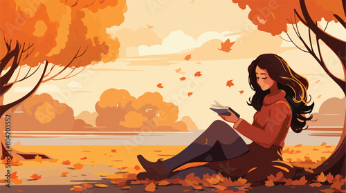 Beautiful woman reading book near tree in autumn pa photo